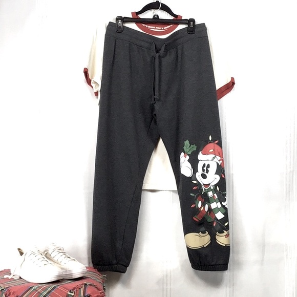 🎄MICKEY MOUSE Christmas Charcoal Drawstring Waist Elastic Ankle Fleece Joggers - Picture 8 of 8